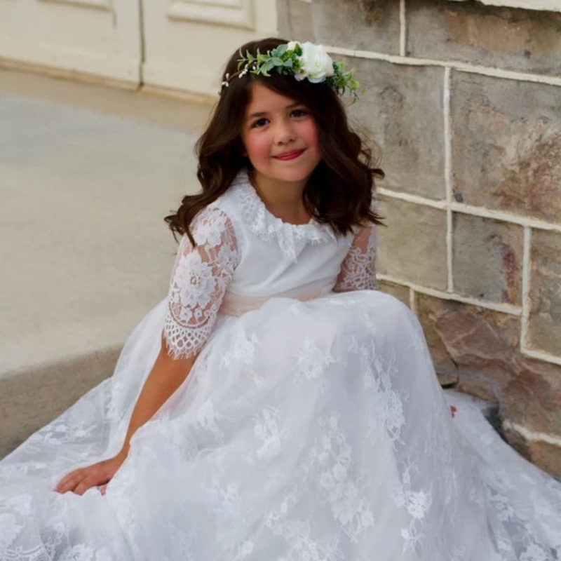 Hosszú fehér ruhák gyerekeknek lányoknak hercegnő elegáns esküvői vendég gyerekek koszorúslány csipke ruha party estélyi ruha 3 6 14 év