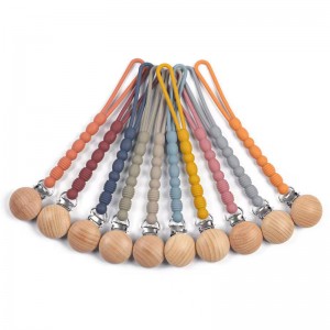 Kézzel készített fa BPA ingyenes szilikongyöngyök cumi láncos baba cumi cumi clip csecsemő sorozat Forró értékesítés baba bükkös cumi lánc bébinyugtató szilikon baba cumi tartó klip