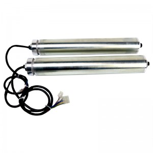 Egyenes 76/82nem szabványos egyenáramú elektromos henger, beépített motor, testreszabott rozsdamentes acél szállítószalag, szinkron kerék, horganyzott teljesítményű dupla sor lánckerék, gumi bevonat