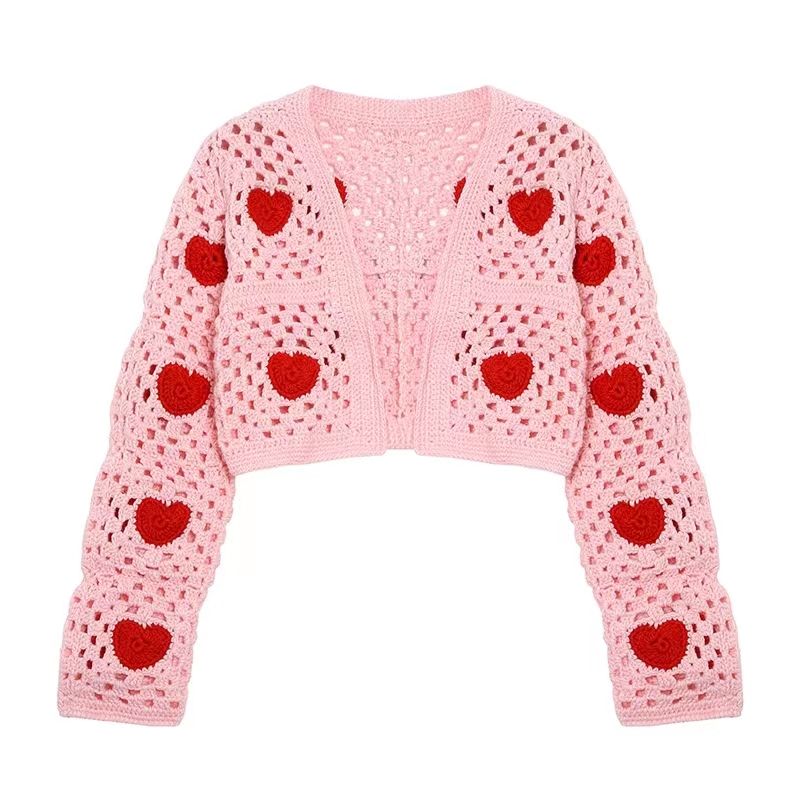 Üreges horgolt rövidnői pulóver szerelmi hímzés kötés kardigán pulóver