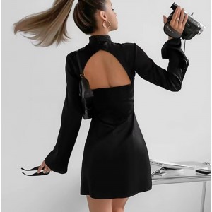 Új stílusú állvány gallér karcsú, hosszú ujjúnyitott hátsó rövid ruha