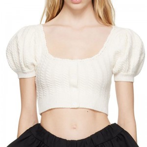 Gyapjú pulóver 2023nyári új, alacsony legénységnyak bordázott kötött buborék hüvely pulóver pulóver