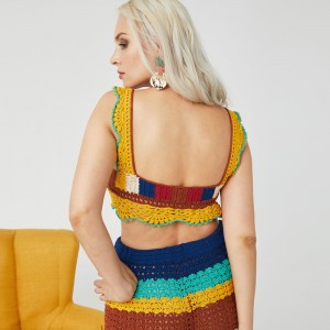 Mély V-nyakú kézzel készített horgolt szexinői pulóver termés felső kötött ruhák