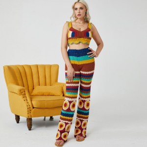 Mély V-nyakú kézzel készített horgolt szexinői pulóver termés felső kötött ruhák