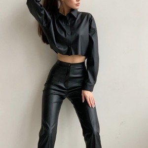 Őszi és téli motorkerékpár szexi matt pu bőr mikro-elasztikus hosszú ujjú rövid ing