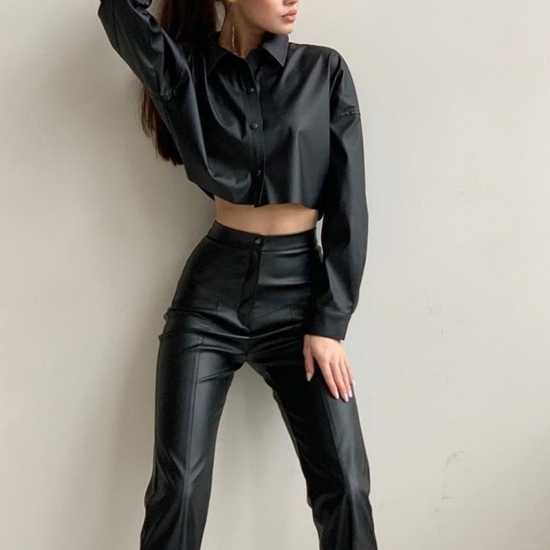 Őszi és téli motorkerékpár szexi matt pu bőr mikro-elasztikus hosszú ujjú rövid ing