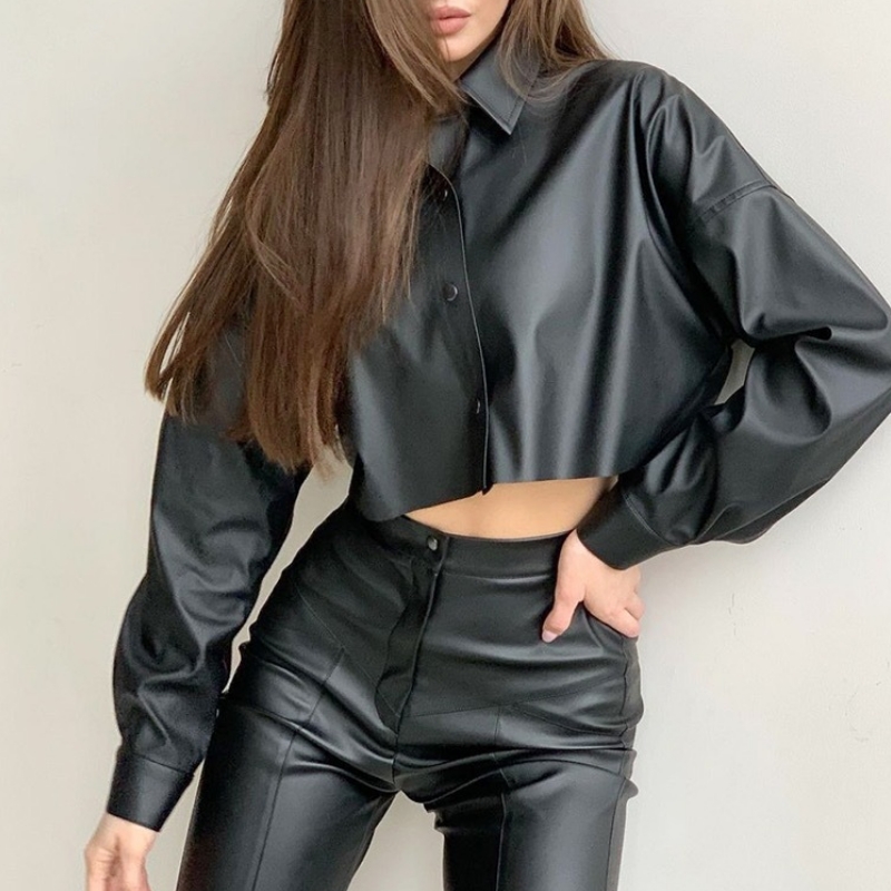 Őszi és téli motorkerékpár szexi matt pu bőr mikro-elasztikus hosszú ujjú rövid ing