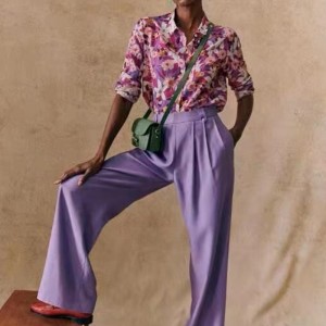 Új francia, elegáns, modernnyomtatott mintázat folyó selyem és pamut keverék hosszú ujjú vékony ing