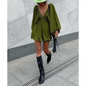 Retro design alkalmi szél V-nyak egységes színű blúz őszi új lámpás ujjú, magas derék temperamentum ruhanő