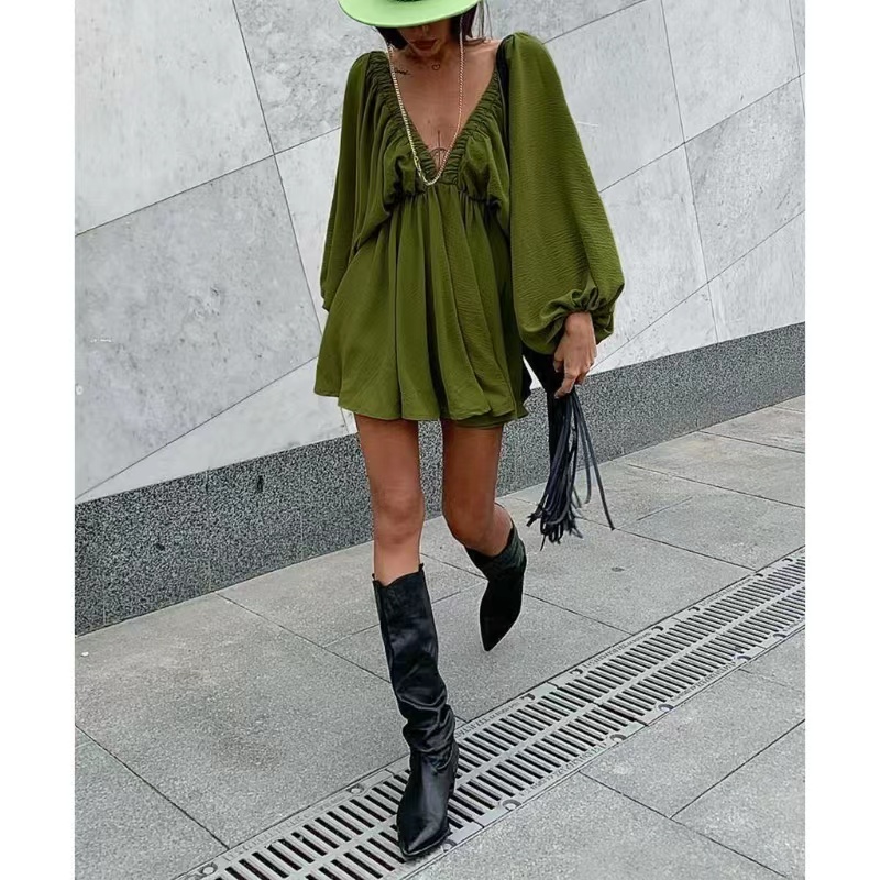 Retro design alkalmi szél V-nyak egységes színű blúz őszi új lámpás ujjú, magas derék temperamentum ruhanő