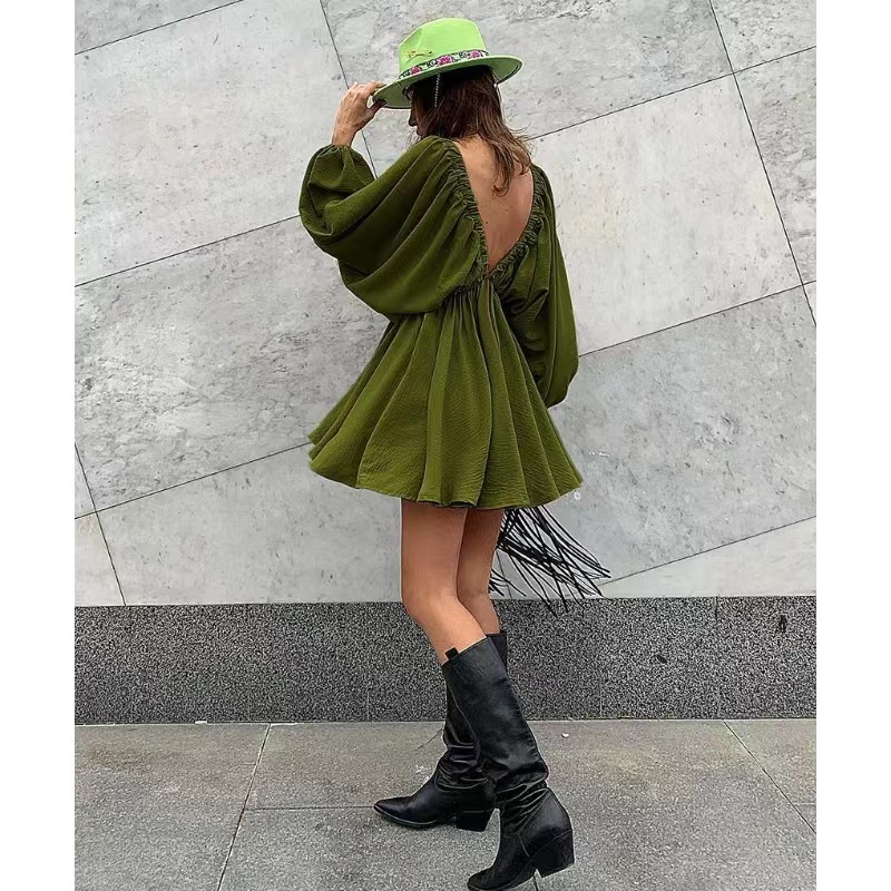 Retro design alkalmi szél V-nyak egységes színű blúz őszi új lámpás ujjú, magas derék temperamentum ruhanő