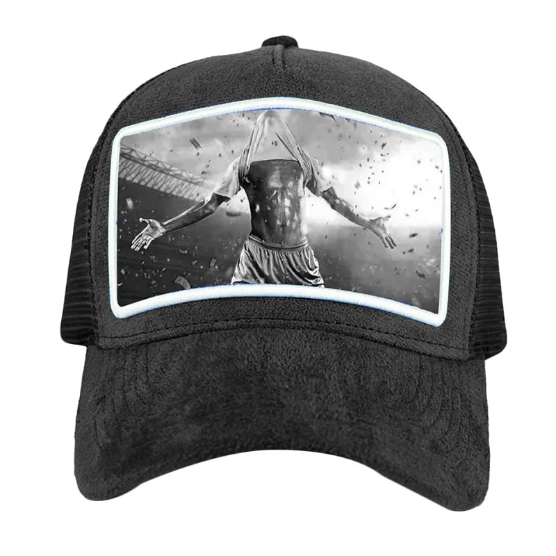 Nagykereskedelmi kiváló minőségű hálószalagú bársonyos teherautó sapka 5 panelek egyedi applikációs javítás hímzés fekete bársonyos teherautó kalap