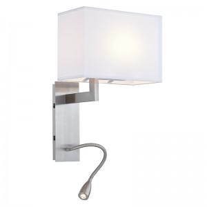 Hospitality Hotel Wall Sconce szálcsiszoltnikkel kivitelben és téglalap alakú szövetárnyalat a szállodában tipikus vendégszobában