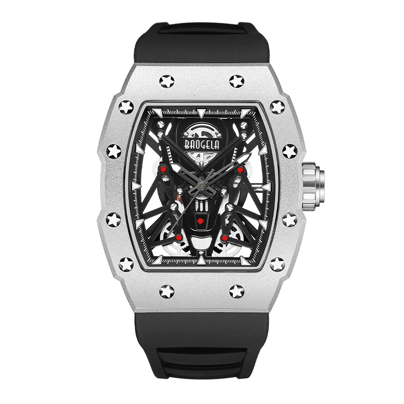 Baogela ezüst fekete sport kvarc óra a férfiaknak tonneau dial analóg vízálló karóra szilikon hevederekkel világító kezekkel 4145
