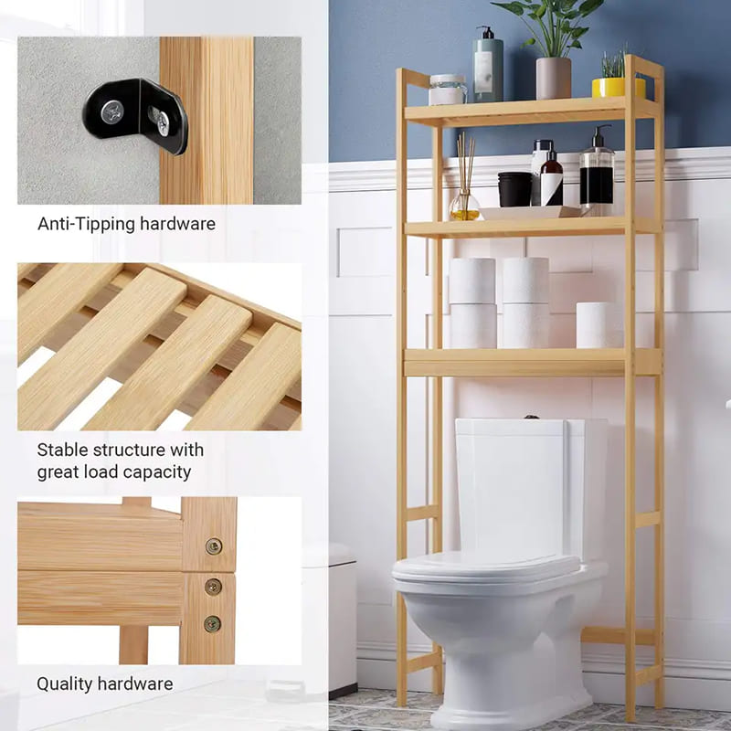 Testreszabható 3-szintű bambusz fürdőszoba szekrény szervező a WC-tároló állvány polcán
