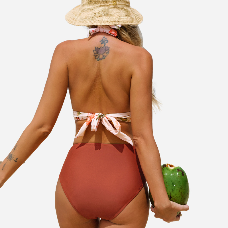 Tavaszi lélegzetelállító kötőfékes magas tri&magas derék bikini szett