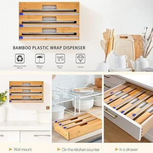3 Az 1 -ben csomagolható adagoló vágóval, műanyag csomagolással, alumínium fóliával és viaszpapír -adagolóval a konyhai fiókokhoz, bambusz tekercs szervező tartó, kompatibilis 12 \\\\ \\\