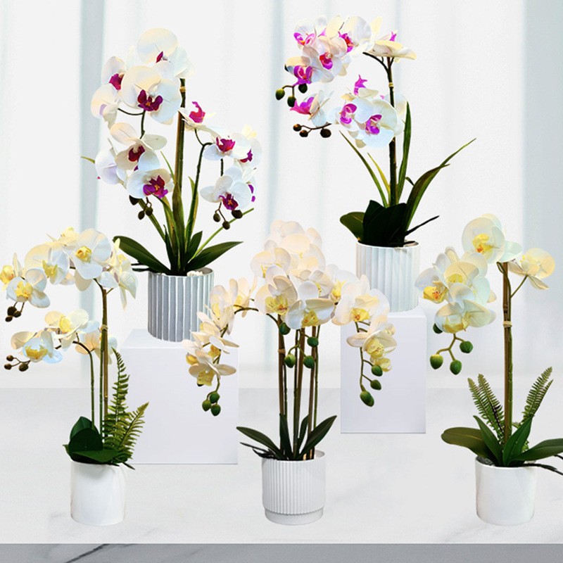 Nagykereskedelmi valódi érintés fehér mesterséges pillangó orchidea virág fehér edényben