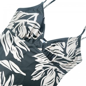 Húzószálú mellény redős V-nyakú zöld levélnyomtatott kétrészes fürdőruhát