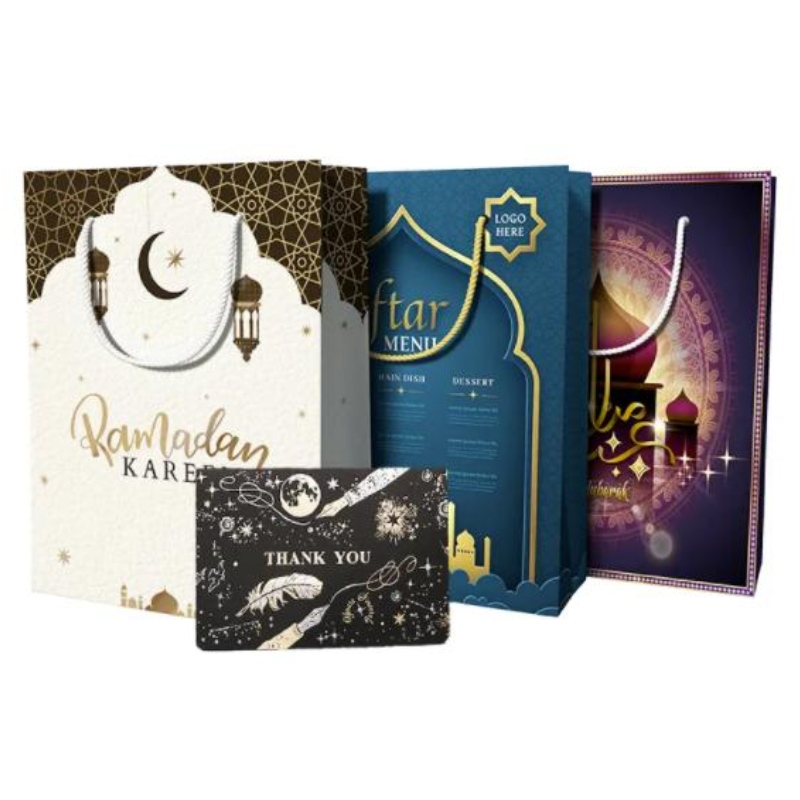 Egyéni tervezés újrahasznosítható eid mubarak ramanda muszlin iszlám fesztivál bevásárló csomagolás papír ajándékcsomagok fogantyúkkal