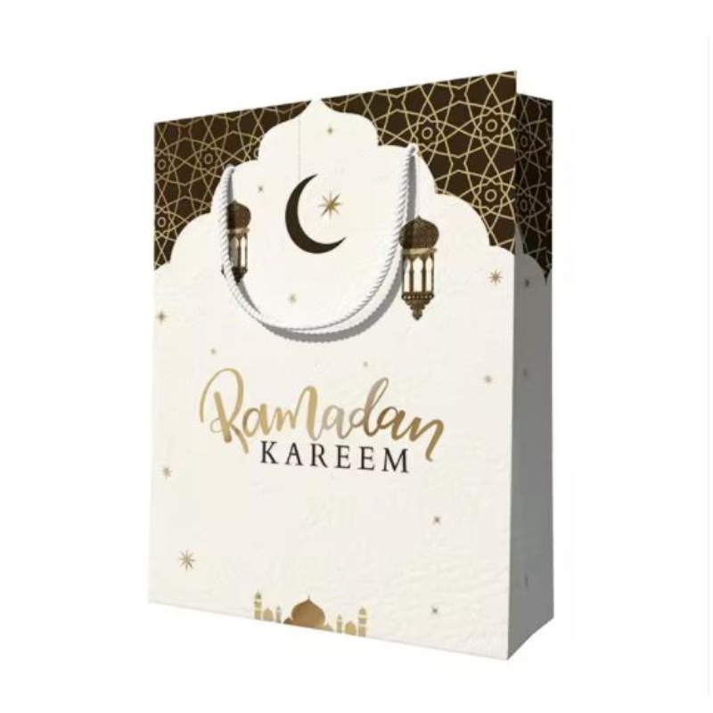 Egyéni tervezés újrahasznosítható eid mubarak ramanda muszlin iszlám fesztivál bevásárló csomagolás papír ajándékcsomagok fogantyúkkal