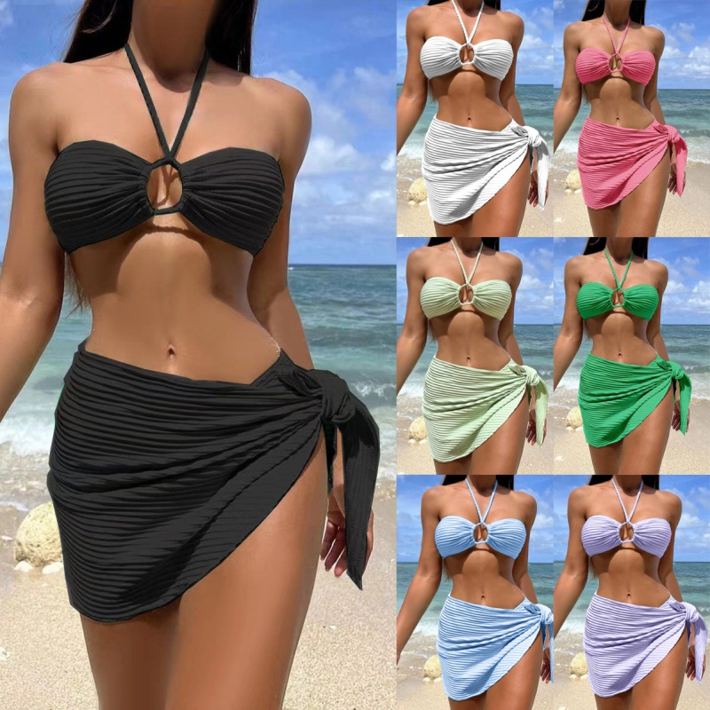 Szexi bikini fürdőruha három-darabkészlet egy puszta szoknyával, kötőfékkel-nyaki stílus, egységes színű fürdőruháknők számára, raktáron és több színben kaphatók Sy816 ár:$79,99