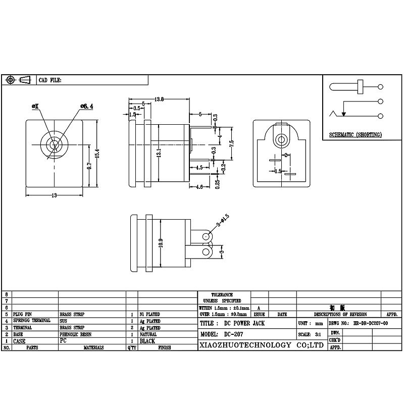 DC aljzat DC-207, közvetlen beillesztési audio aljzat, kettő-PIN -kód réz tű teljesítménytöltő aljzat