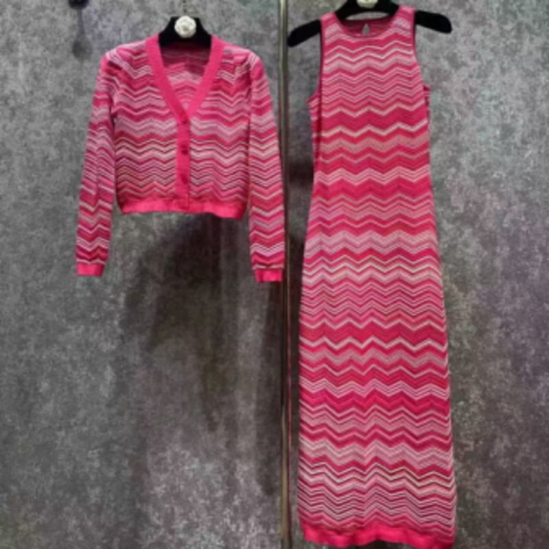 Nyári kötött kereknyak hosszú ujjú interkolor kardigán, V-Nyak ujjatlan, hosszú kötött csíkos ruhakészlet
