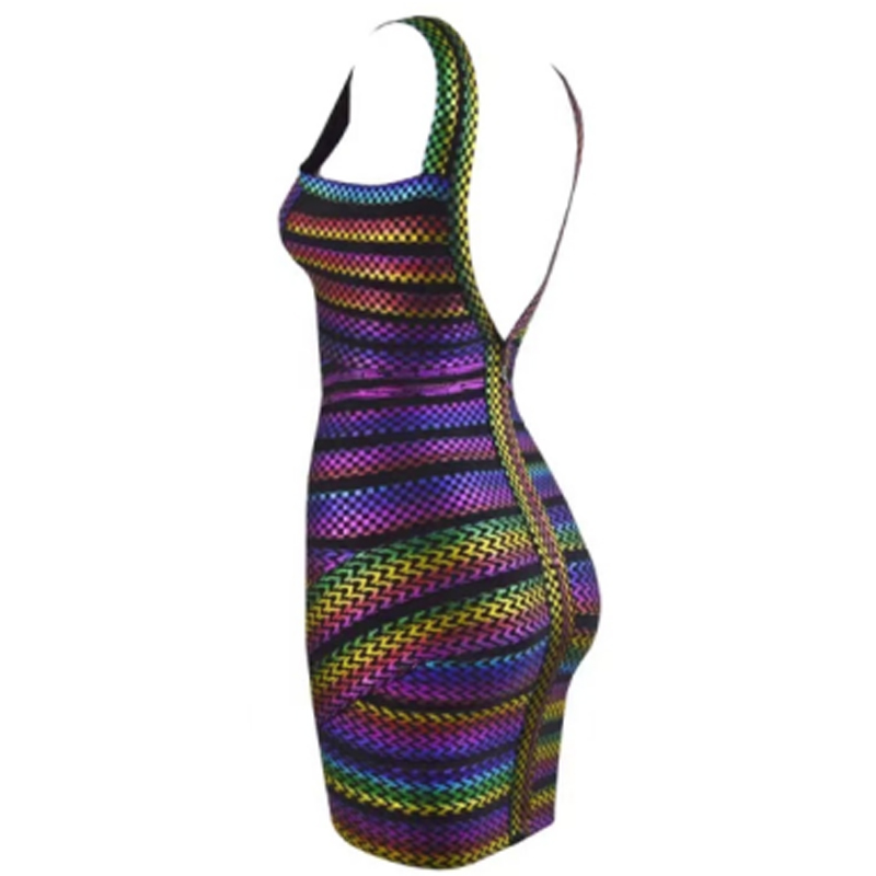 Nyár-nyak színes csíkok gumi sáv splicing kötőfék szoros csomag csípőruhák