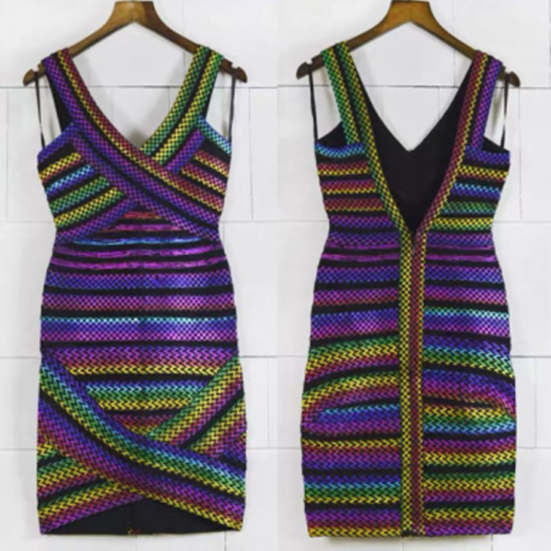 Nyár-nyak színes csíkok gumi sáv splicing kötőfék szoros csomag csípőruhák