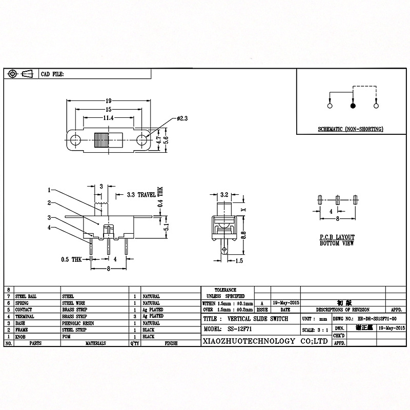 Slide kapcsoló SS12F71 Toy Audio Single-harmadik sor-Pin csúszó kapcsoló LED könnyű mikro függőleges csúszdaváltó